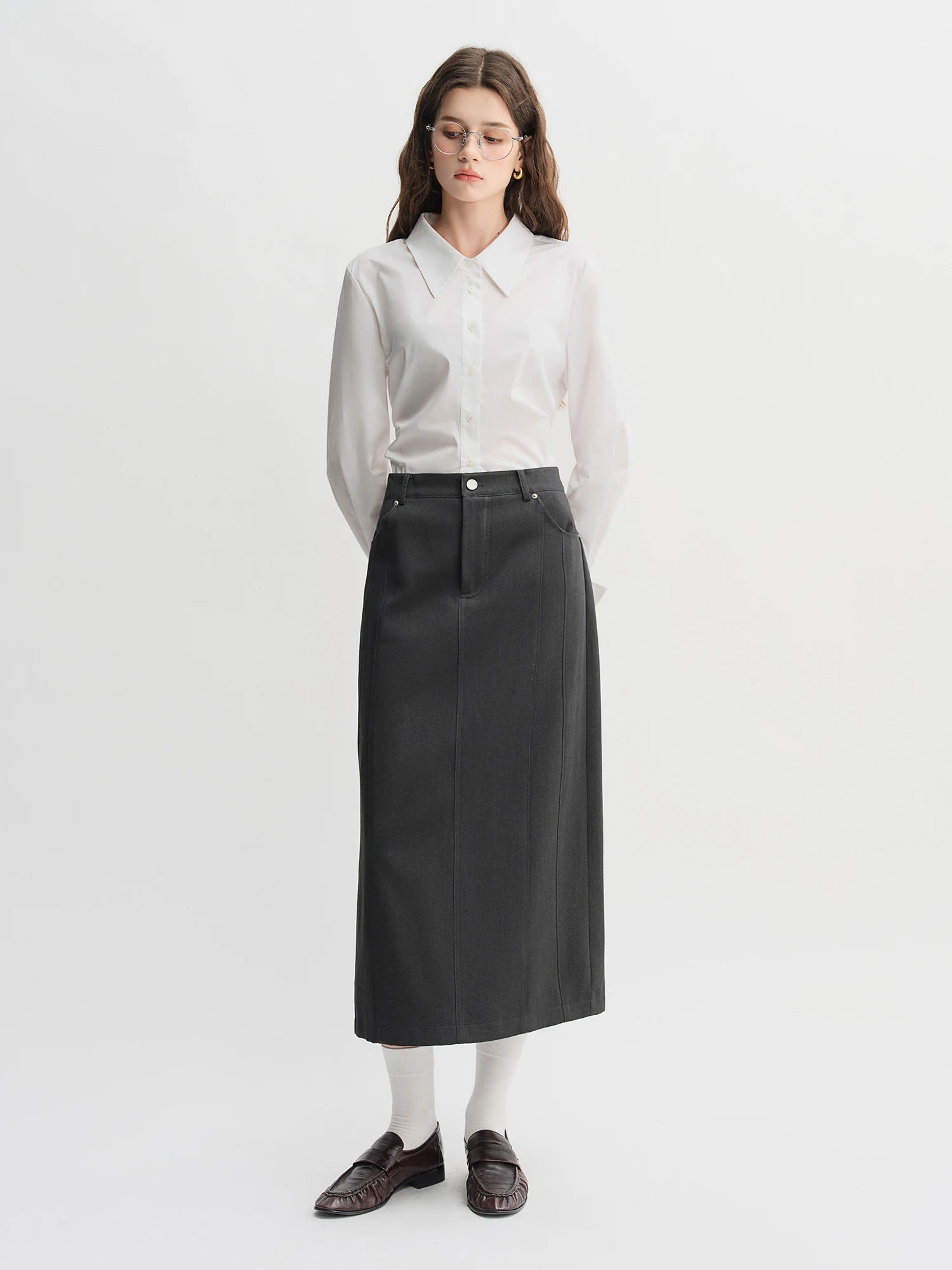 Women's 3-Color Pleated Shirt & A-Line Skirt Set Autumn Suit Loran