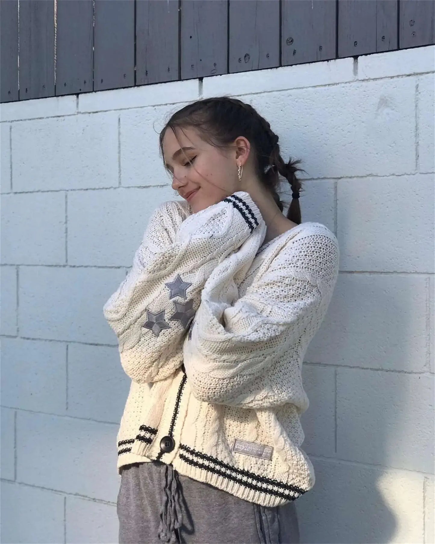 Vintage Star-Embroidered Oversized Cardigan Sweater - Loran