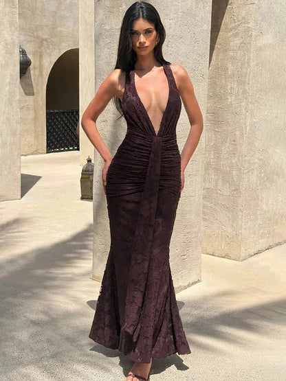 Women's  Deep V-Neck Backless Ruched Club Gown - Loran