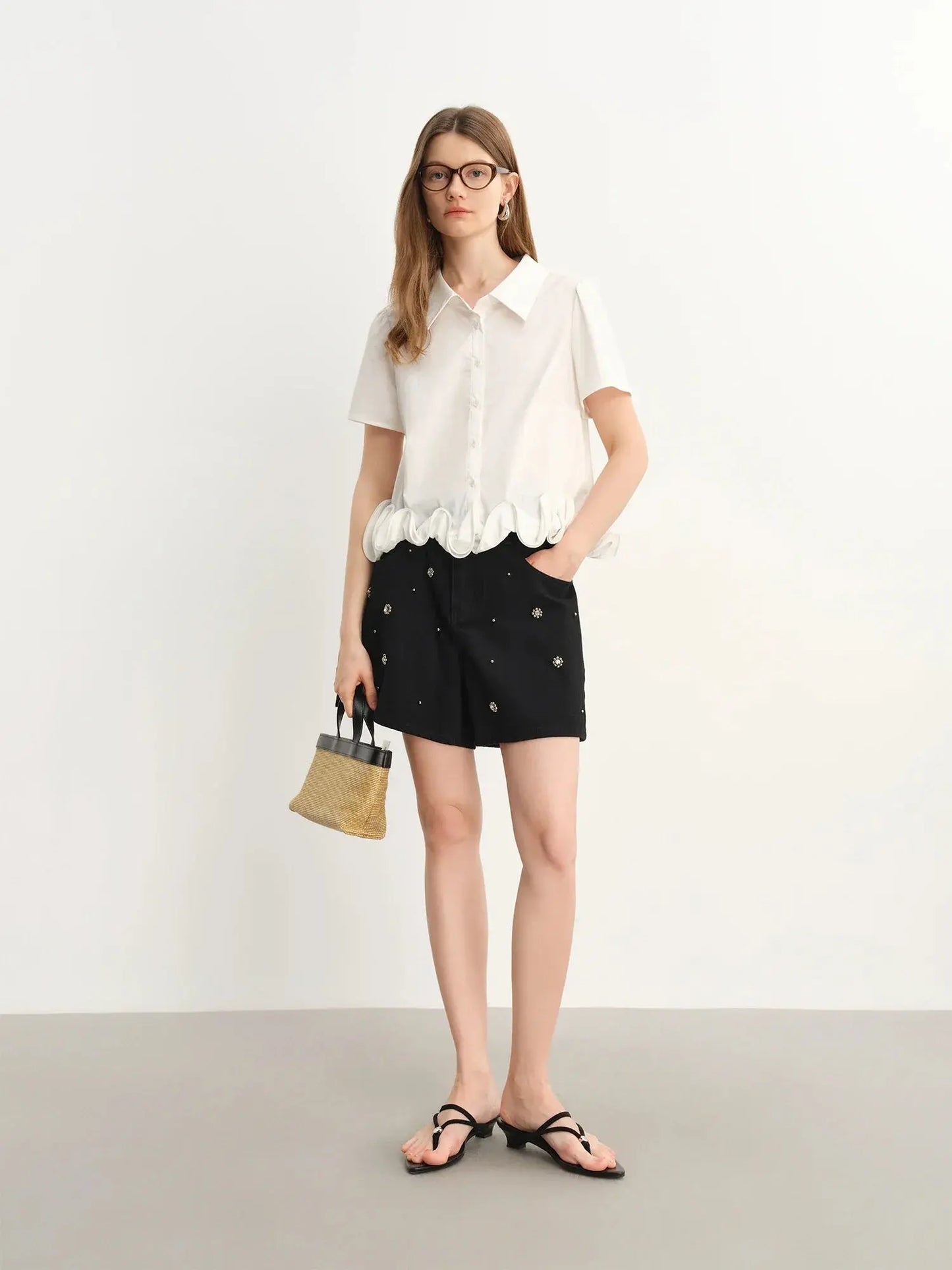 Chic Plus-Size Beaded Denim Shorts - Loran