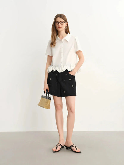 Chic Plus-Size Beaded Denim Shorts - Loran