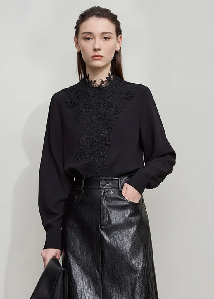 AMII Women's Shirt 2025 Autumn Blouse Lace Splicing Loose Long Sleeve Chiffon Blouse Elegant Ladies Tops Woman Clothing 12543063 Loran