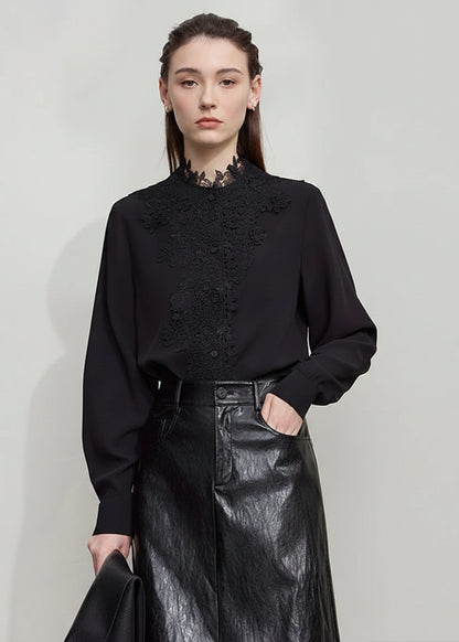 AMII Women's Shirt 2025 Autumn Blouse Lace Splicing Loose Long Sleeve Chiffon Blouse Elegant Ladies Tops Woman Clothing 12543063 Loran
