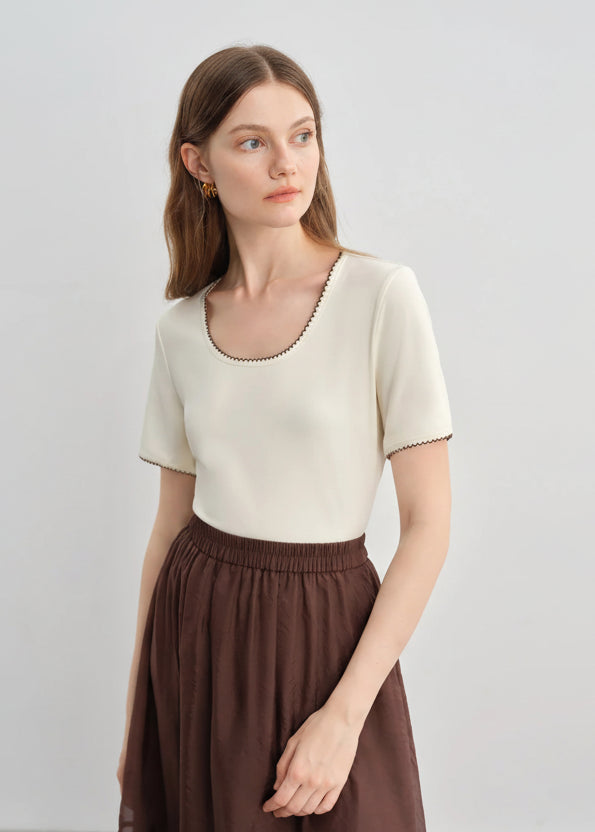 Contrast Lace Embroidered T-Shirt Casual Slim Fit