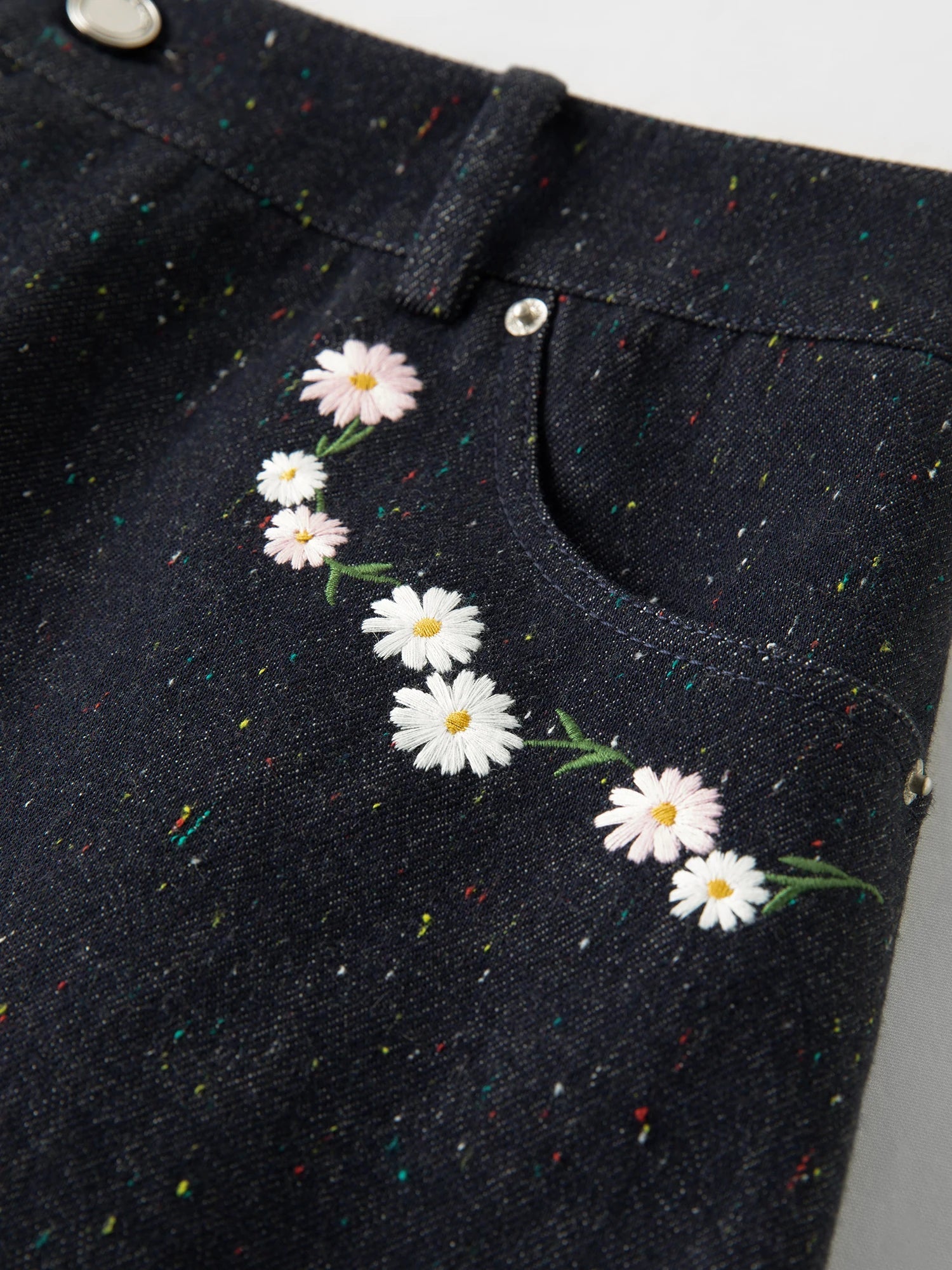 DUSHU Women Floral Embroidered Colorful Dot Denim Skirt Spring 2026 New Arrival Slimming High-Waisted A-Line Thigh Length Skirt Loran