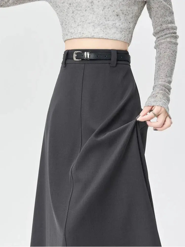 High-Waist A-Line Pleated Midi Skirt with Tie Belt - Loran