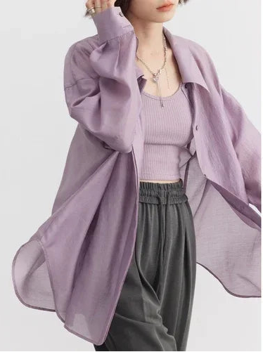 CHIC VEN Women Thin Shirt Long Sleeve Casual Loose Slightly Transparent Cool Blouses Woman Solid Design Female Top Summer 2024 Loran