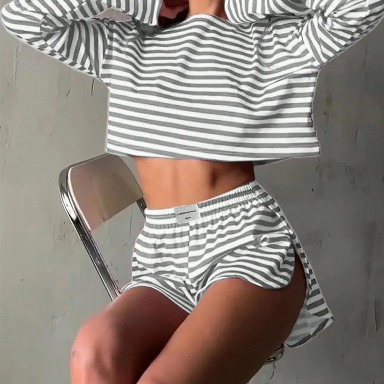 Striped Pajama Set: Long-Sleeve Top & Shorts - Loran