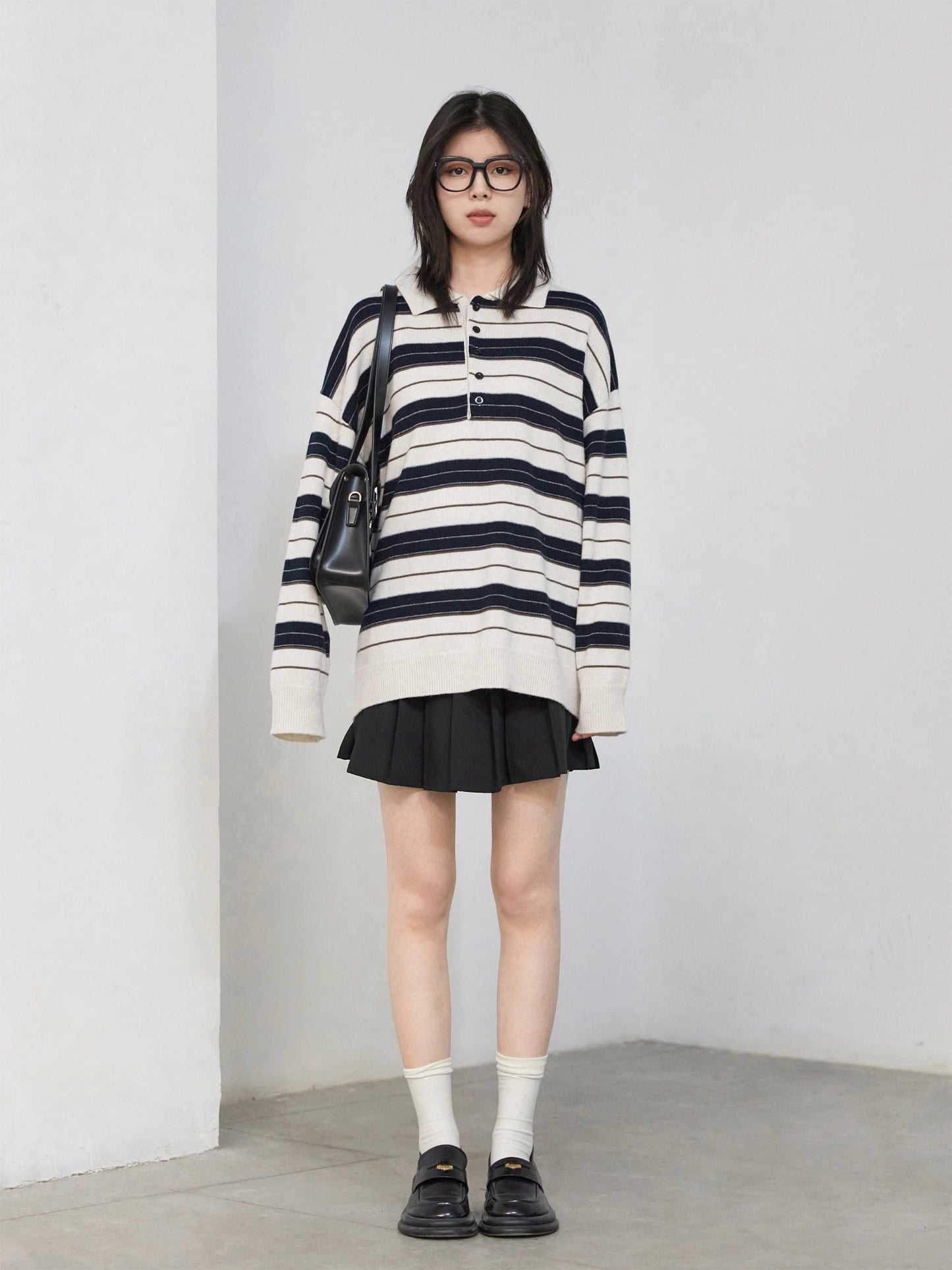 Striped Polo Collar Sweater Casual Knit Pullover Loran