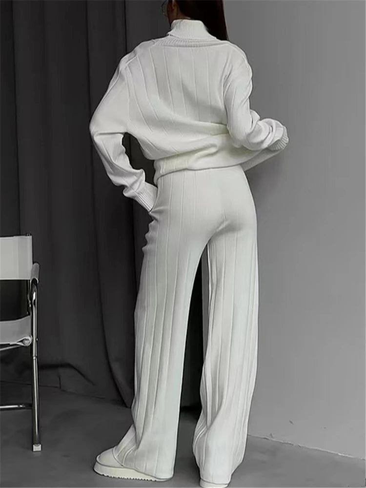 Women's White Knitted Turtleneck & Jogger Pant 2-Piece Set