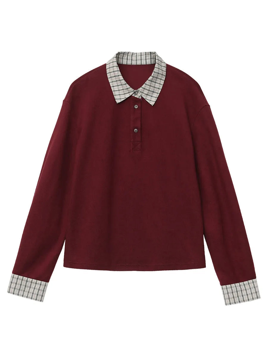 Color Block Plaid T-Shirt  Loose Casual Long Sleeve Loran