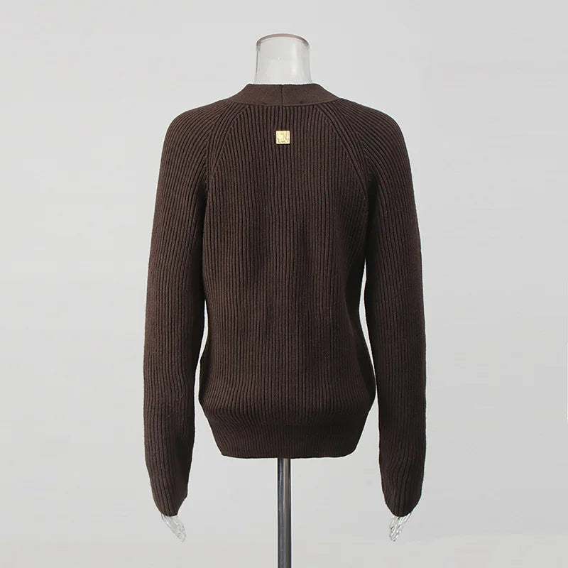 Elegant V-Neck Knitted Sweater Coat for Autumn & Winter