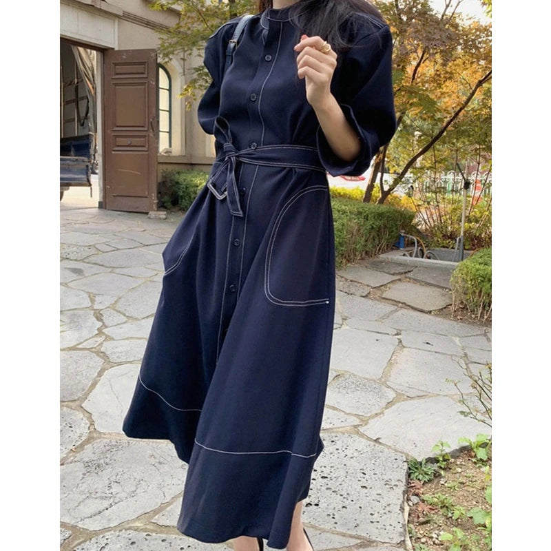 Casual-Chic Stand Collar Straight Dress with Tie Sash