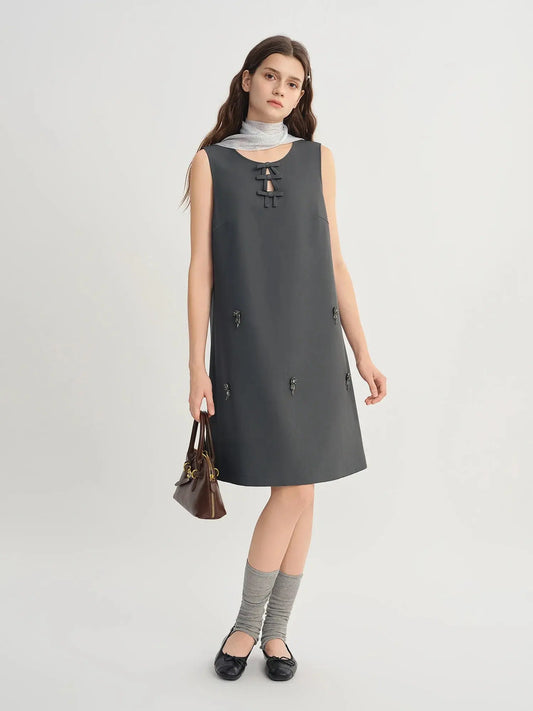 Embellished Beaded Tank Dress with Bow Accent for Fall - Loran