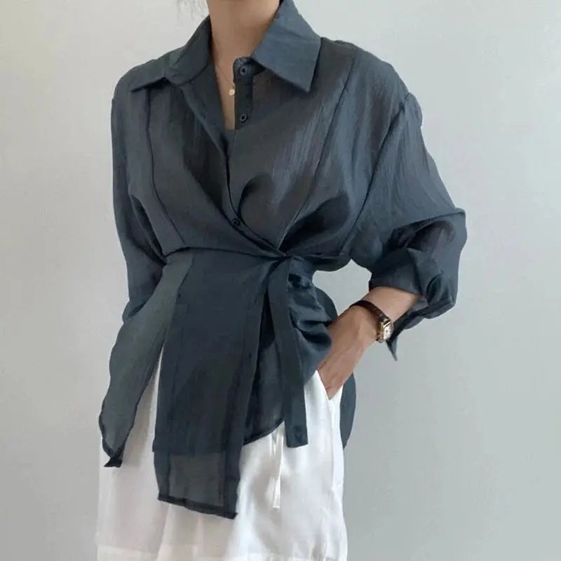 Chic Long Sleeve Button-Down Shirt with Asymmetrical Hem - Loran