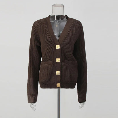 Elegant V-Neck Knitted Sweater Coat for Autumn & Winter