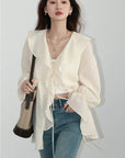 V-Neck Lace-Up Blouse with Ruffled Edges and Loose Fit