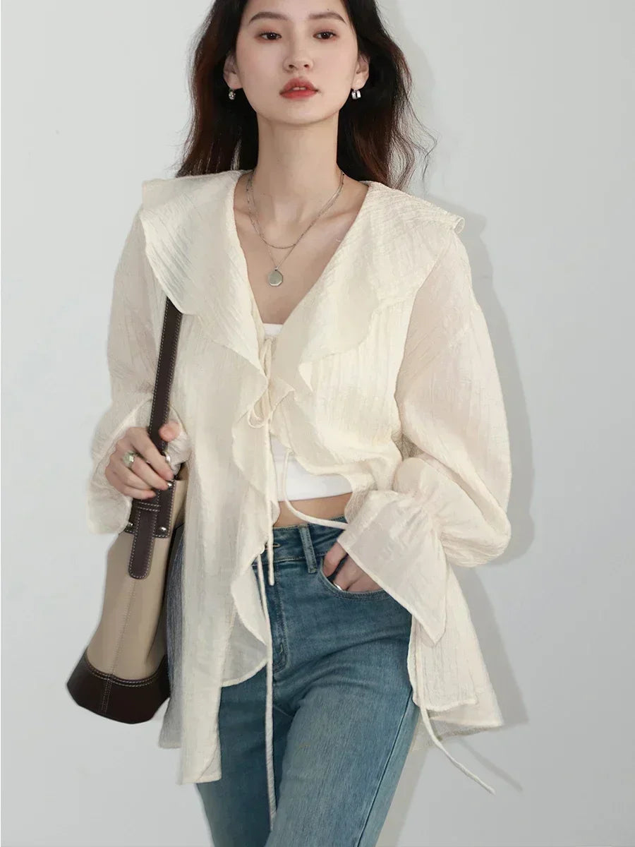 V-Neck Lace-Up Blouse with Ruffled Edges and Loose Fit