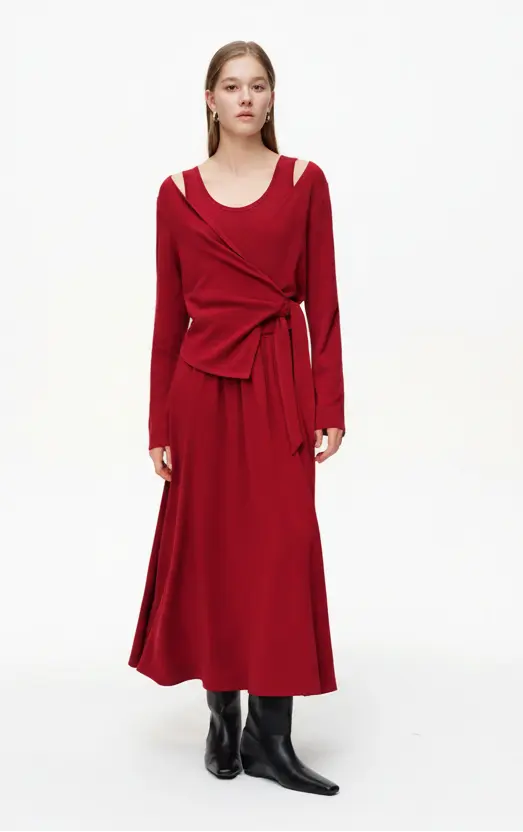 Women's Red Tie-Front Cardigan & Dress Set | Two-Piece Slim Fit - Loran