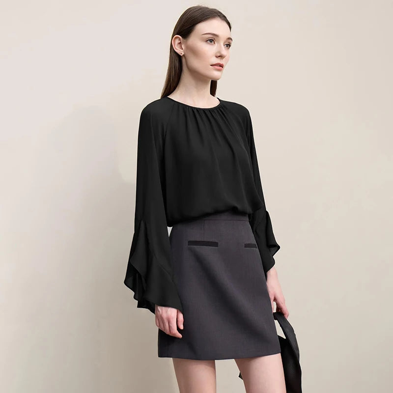 Amii Women Blouse 2026 Spring New O-Neck Raglan Flare Sleeve Chiffon Shirt Versatile Elegant Women's Long Sleeve Top 12621052 Loran