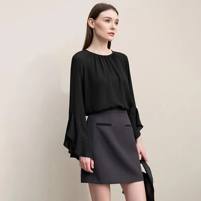Amii Women Blouse 2026 Spring New O-Neck Raglan Flare Sleeve Chiffon Shirt Versatile Elegant Women's Long Sleeve Top 12621052 Loran
