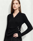 Women's V-Neck Knitted Sweater with Shell Buckle Detail