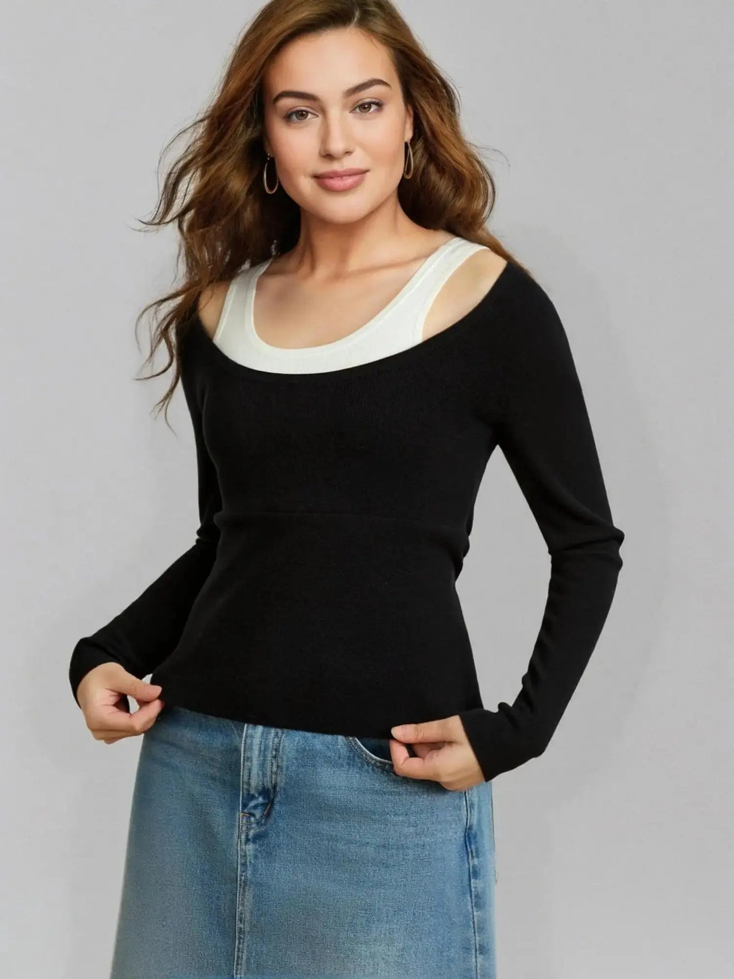 Chic Plus Size Contrasting Color Faux 2-Piece Sweater Top - Loran