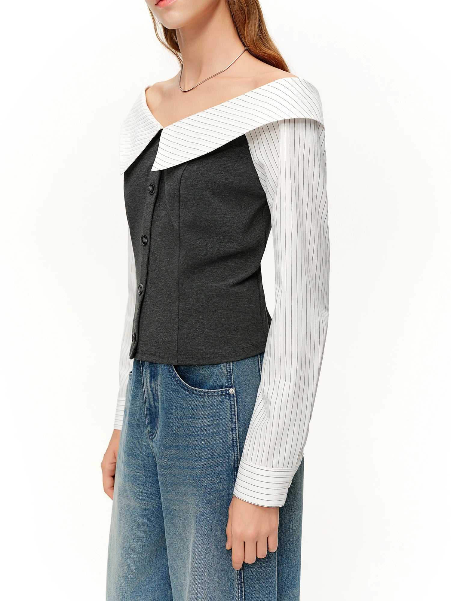 DUSHU 2026 Spring Women's Off-Shoulder Contrast Panel T-Shirt Waist-Defining Seam Ruffle Trim - Fashion Cropped Top for Casual Loran