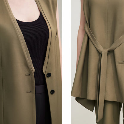 Amii Women's Vest 2026 Spring New Casual V-neck Medium And Long Vest Single Breasted With Belt Elegant Women Loose Top 12651027 Loran