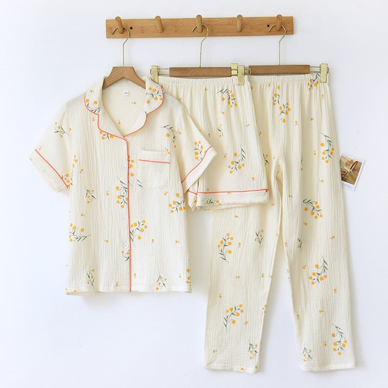 Cotton crepe three-piece pajamas - 3IN SMART Shop  #