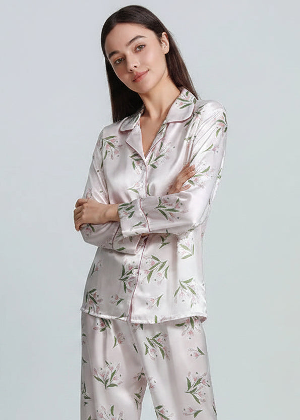 FIMTAIRAH 6A 19MM  Printed Floral  Home Suit   Real Silk Pajamas Set  100% Silk Pajamas For Women Female Spring Loran