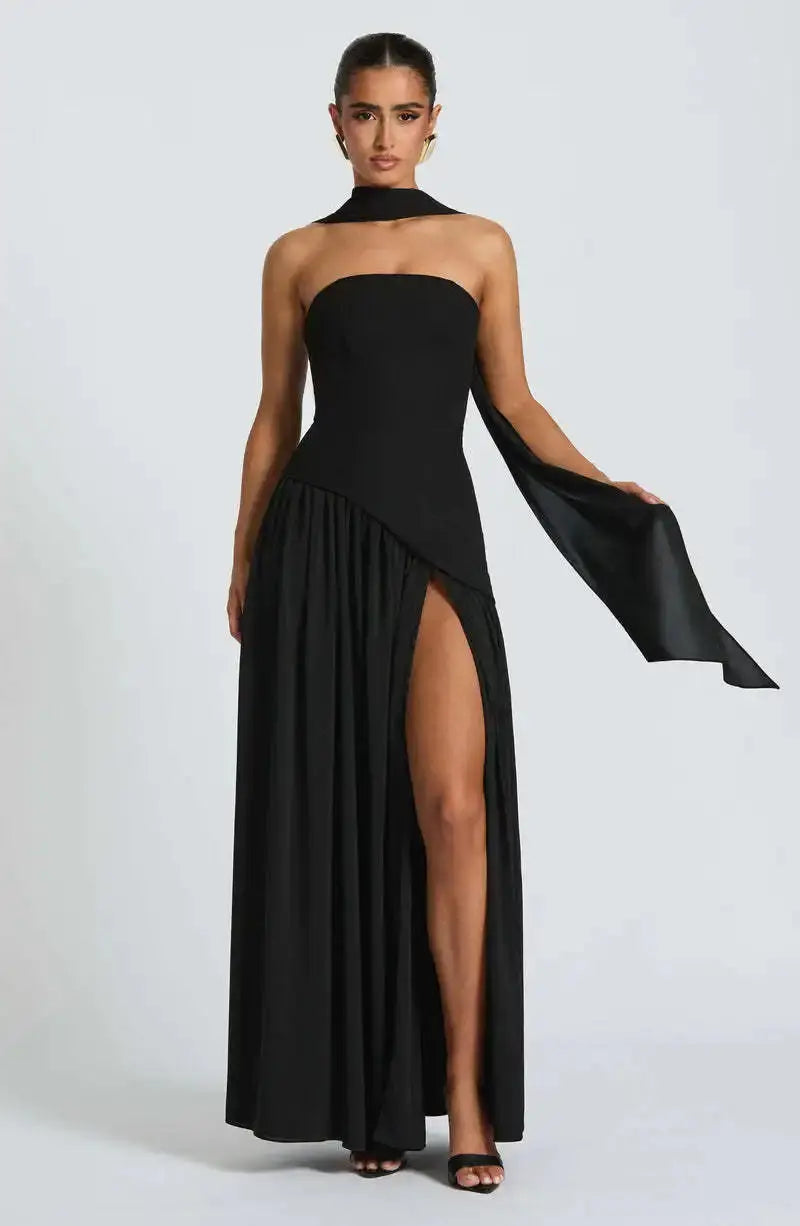 Sleek Solid Tube Top Maxi Dress with High Slit - Loran