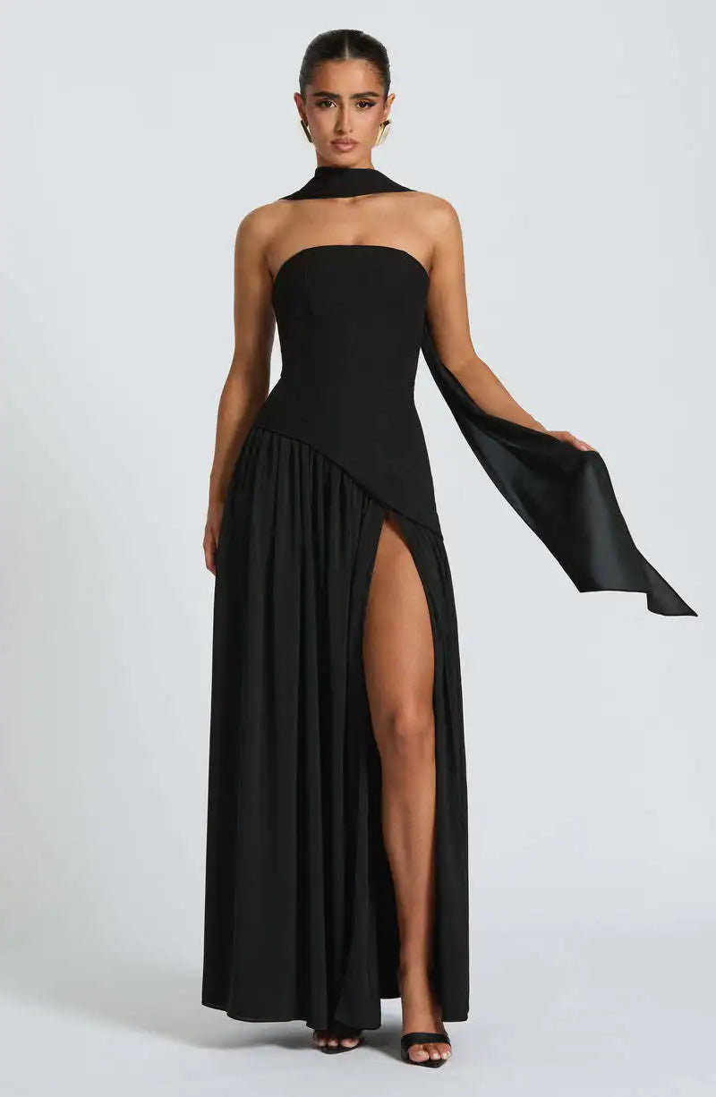 Sleek Solid Tube Top Maxi Dress with High Slit