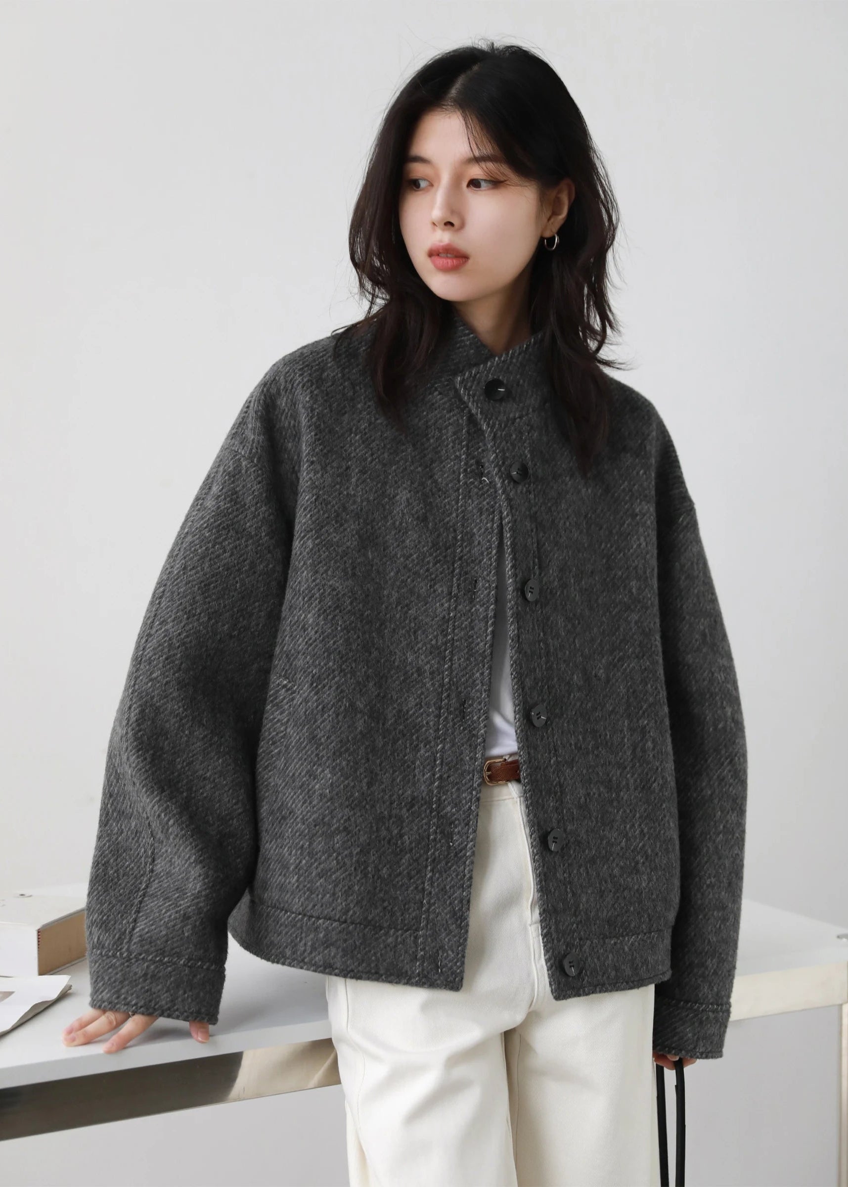 CHIC VEN Women Short Woolen Coat New Stand Up Twill Texture Single Breasted Ladies Jacket Retro Woman Outwear Autumn Winter 2025 Loran