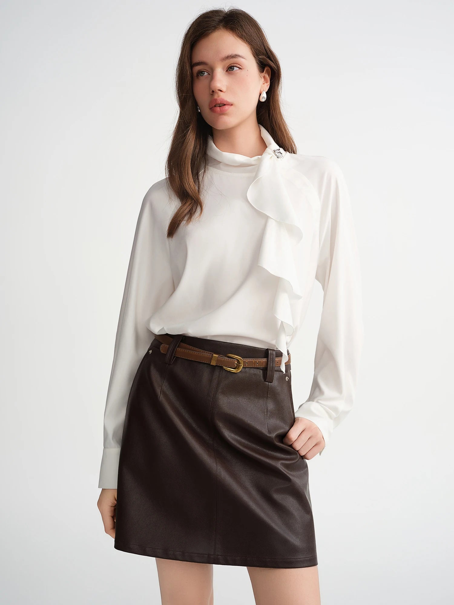 Elegant White Asymmetrical Skew Collar Blouse Loran