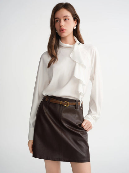 Elegant White Asymmetrical Skew Collar Blouse Loran