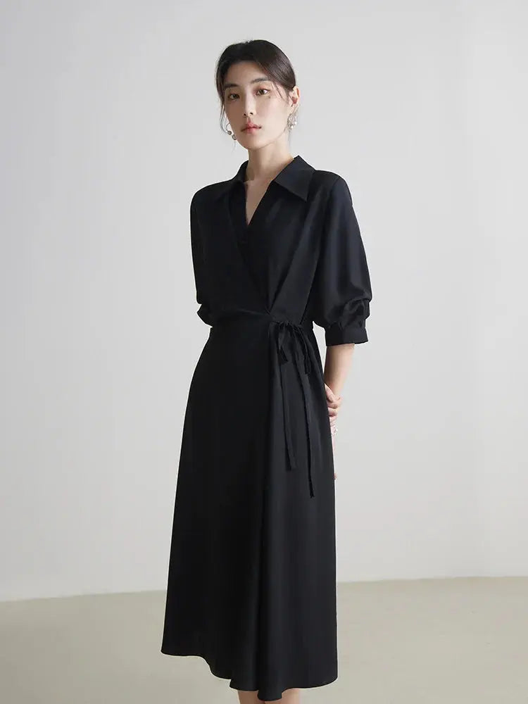 Temperament Black A-Line Drape Dress with Turn-down Collar - Loran