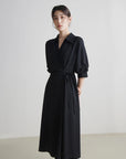 Temperament Black A-Line Drape Dress with Turn-down Collar