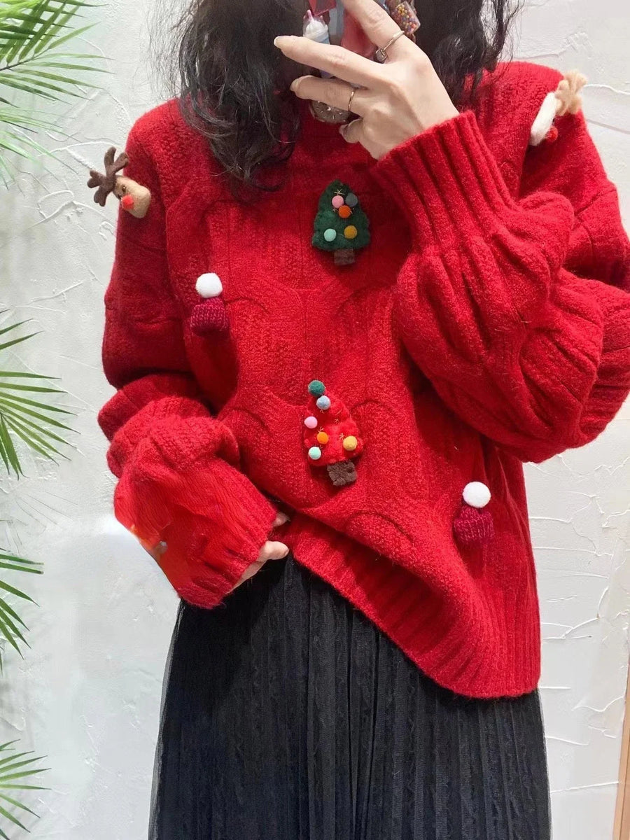 Christmas Tree Appliques Loose Pullovers Long Sleeve Knitted Sweaters - 3IN SMART Shop  #