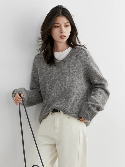 V-Neck Mohair Sweater Soft Loose Knit Pullover Loran