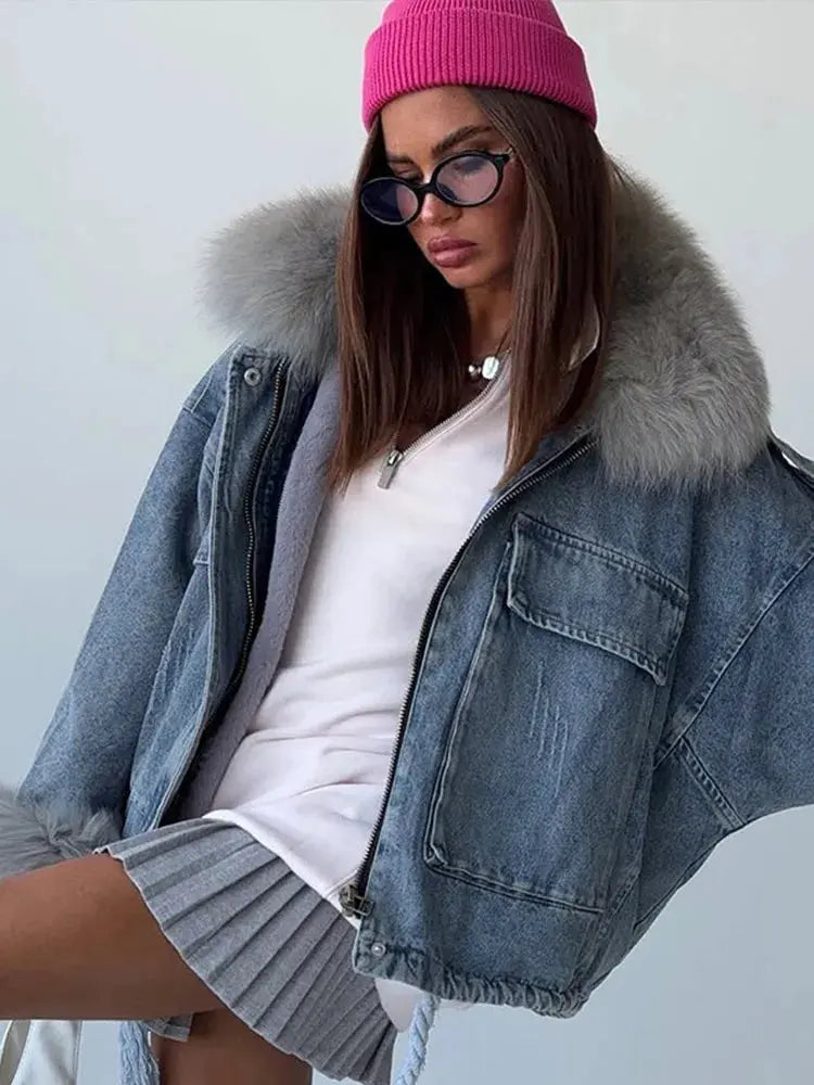 Light Blue Denim & Fur Winter Coat - Loran