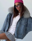 Light Blue Denim & Fur Winter Coat