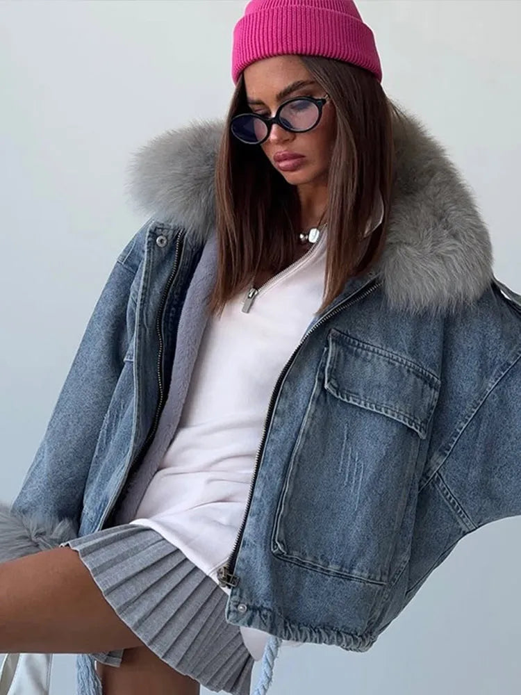 Light Blue Denim & Fur Winter Coat