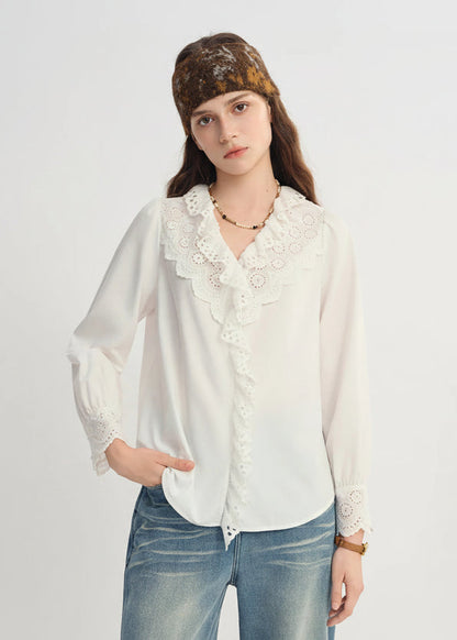 Elegant White Lace Stylish V-Neck Shirt Loran