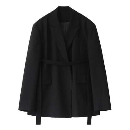 Wide Shoulder Ribbon Blazer Long Autumn Overcoat Loran