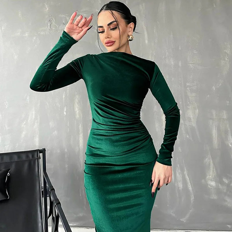 Women's Green Velvet Midi Dress with Ruched Detailing