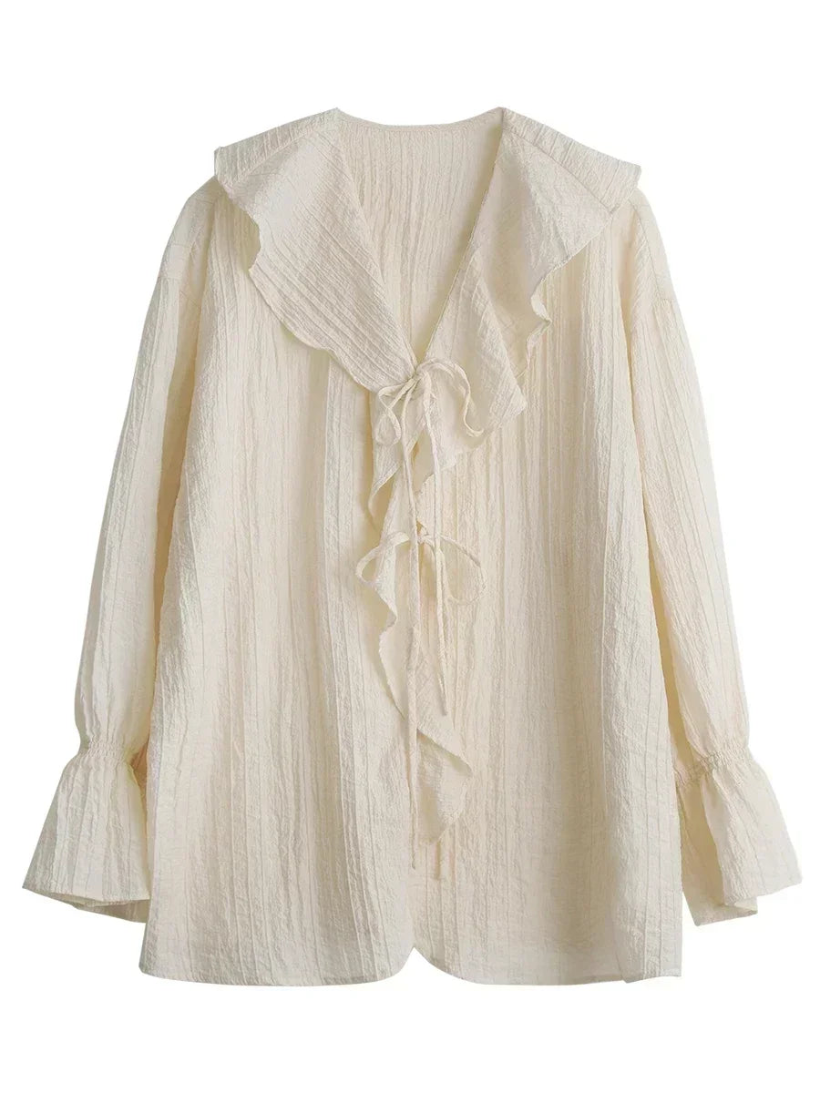 V-Neck Lace-Up Blouse with Ruffled Edges and Loose Fit