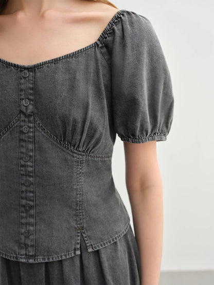 Retro Denim Suit Two-Piece High Waist A-Line Skirt Set Loran