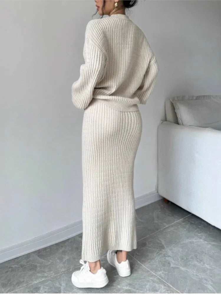 Knitted Cardigan Sweater & Skirt Two-Piece Suit