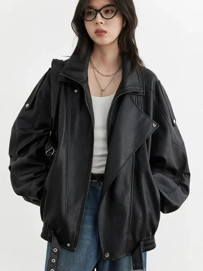 Chic Faux Leather Standing Collar Jacket - Loran